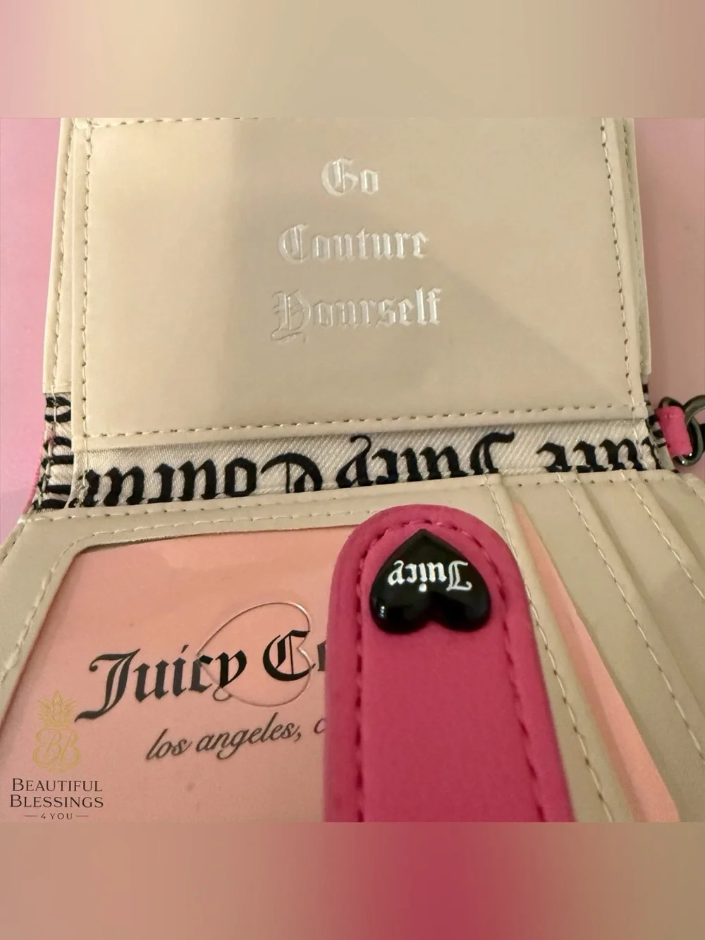 Juicy Couture Pink Embossed Logo Bifold Wallet Heart Keychain Zip Coin Pocket